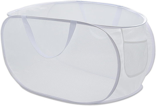 HONOMA Sturdy Mesh Laundry Hamper Basket Bag,Pop up Basket with Side Pocket for Laundry Room, Bathroom, Kids Room, College Dorm or Travel (Pop Horizontal, White)