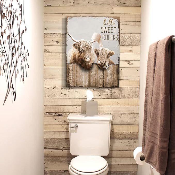 Bathroom Decor Canvas Wall Art Highland Cow Pictures Wall Decor Farmhouse Bathroom Cow Painting for Bathroom Toilet Country Cattle Prints Artwork Framed 12"x16"