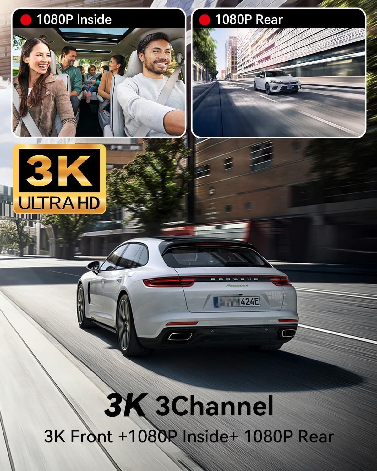 iiwey N7 3 Channel Dash Cam Front and Rear Inside 3K+1080P+1080P with 128GB SD Card, 5GHz WiFi, Rotatable Side Camera for Car, IR Night Vision, 24/7 Recording, G-Sensor, Parking Mode