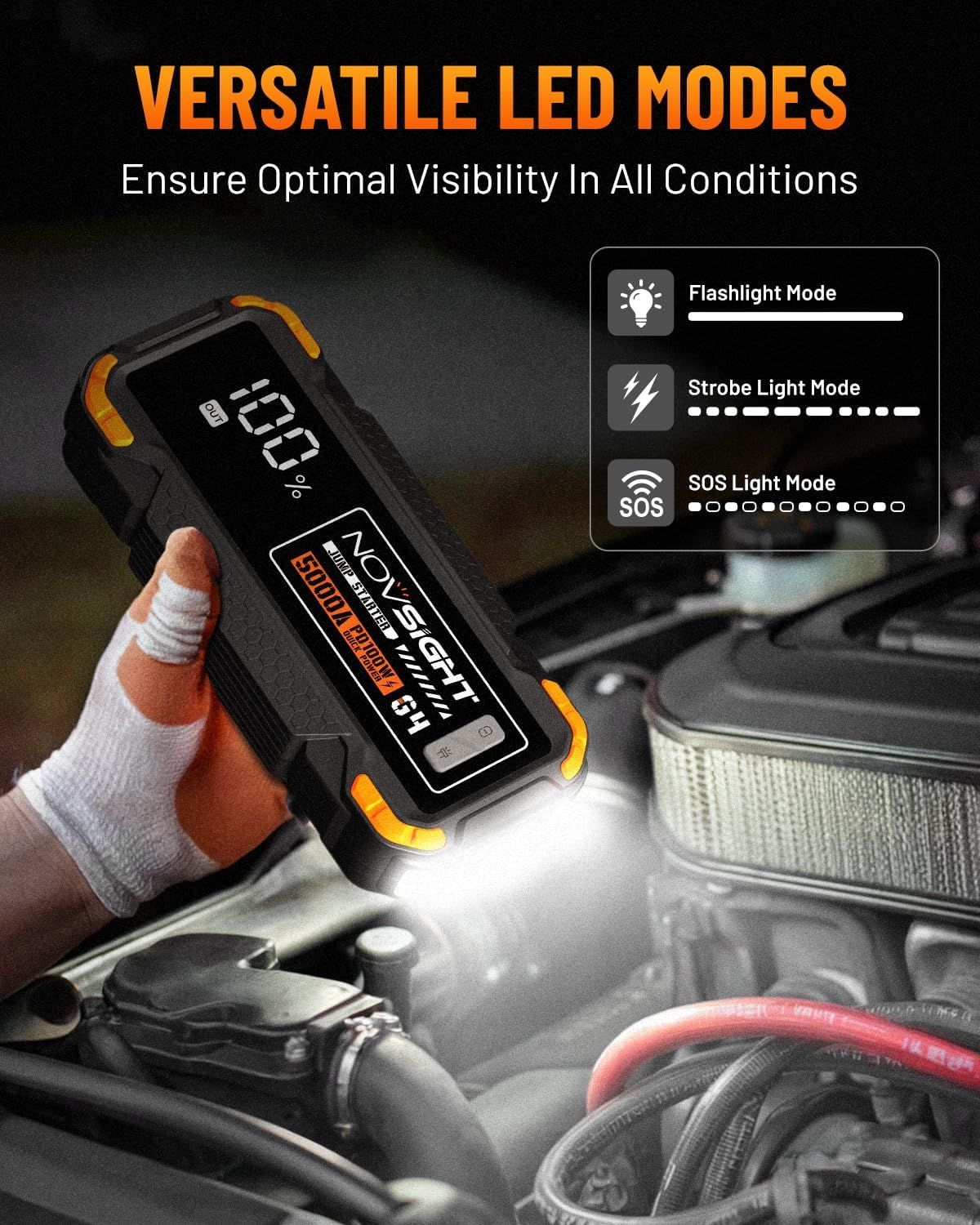 NOVSIGHT Car Battery Jump Starter - 5000A Portable Battery Jumper (12.0L Gas/10.0L Diesel) 12V Car Starter Jump Box with USB Type-C Quick Charge, Bulit-in Charge 3 Modes, Dual Color Lights(Orange)