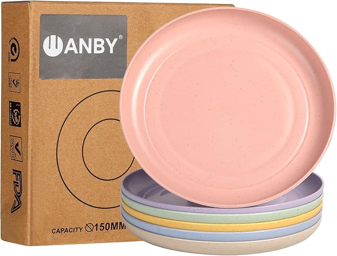 WANBY Lightweight Wheat Straw Plates Unbreakable Dinner Dishes Plates Set Dishwasher & Microwave Safe (Small 6 Pack 5.9')