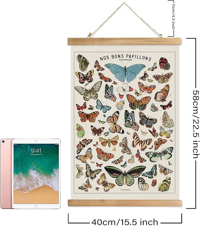 XIAOAIKA Vintage Butterfly and World Flowers Poster Set - Educational Insect and Botanical Wall Art with Wooden Hanging Frames, Decorative Prints for Home and Classroom 16 x 23 Inches