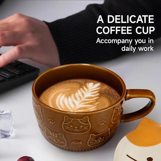 YLOKO Cute Cat Mug With Lid, 300ml/10oz Ceramic Calico Coffee Mug, Kawaii Animal Milk Teacup Novelty Gift for Cat Lovers Kids Women Girls