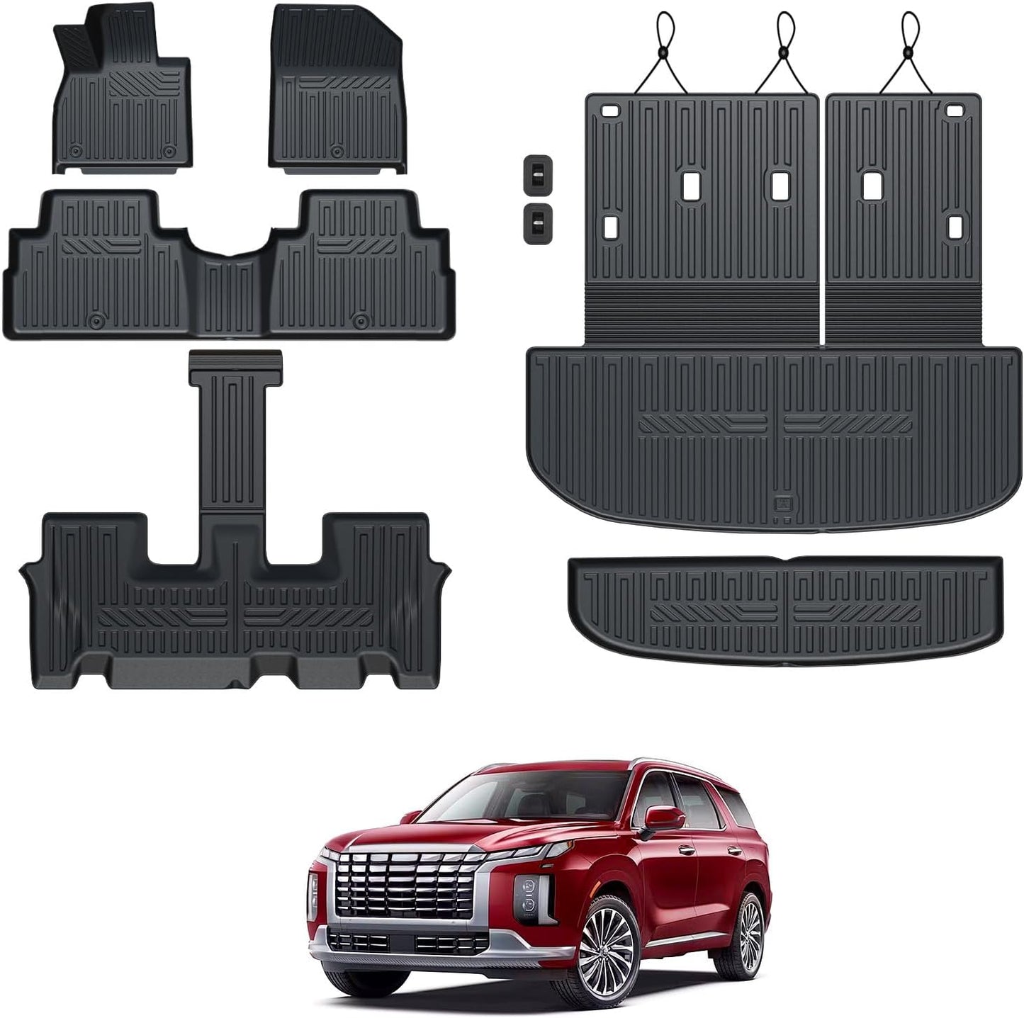 GALVAGNIATE Floor Mats for 2020-2024 2025 Hyundai Palisade 7-seat/8-seat Trunk Mat with Backrest Mat, All Weather TPE Cargo Liner Lower Cargo Mat for Palisade Accessories