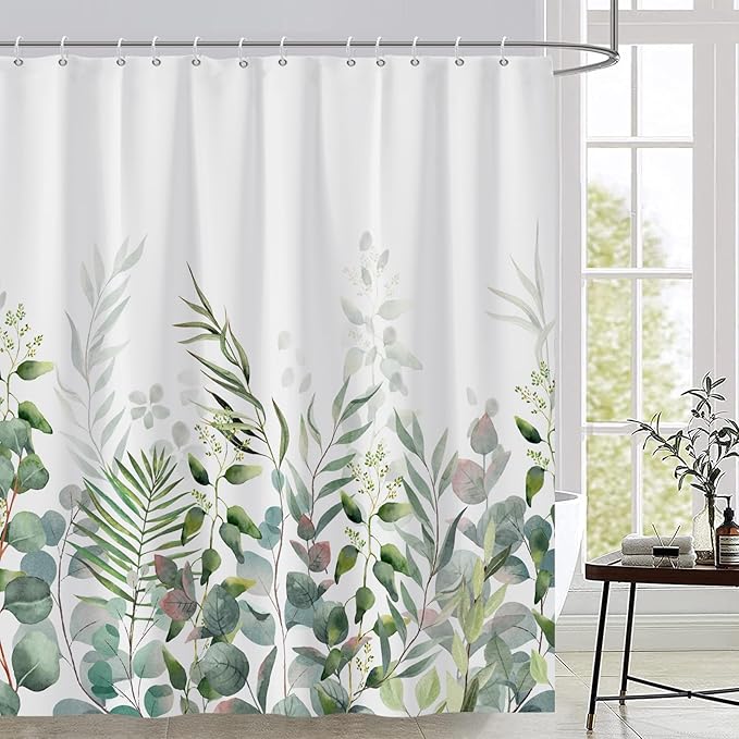 AWERT Shower Curtain Plants for Bathroom,Waterproof Quick-Drying Green Leaves Shower Curtain Set with Hooks 72x84 Inch