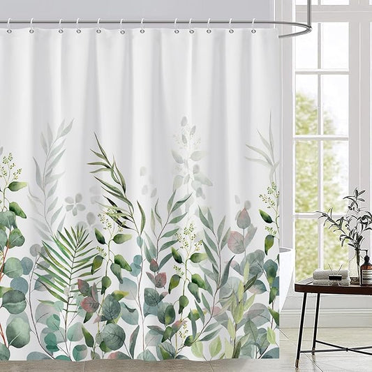 AWERT Shower Curtain Plants for Bathroom,Waterproof Quick-Drying Green Leaves Shower Curtain Set with Hooks 72x84 Inch