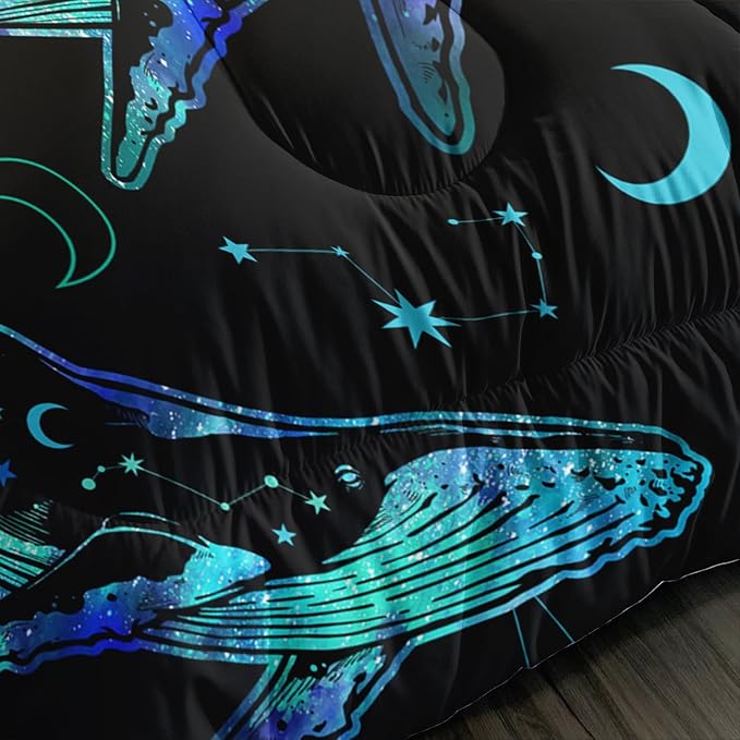 Whale Print Comforter Marine Life Bedding Set,Glowing Stars Moon Constellation Pattern Comforter Sets for Kids Boys Girls Room Decor,Cute Coastal Bedding Set Queen Size with 2 Pillowcases.