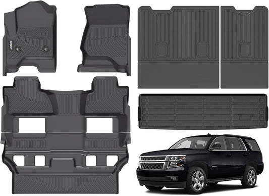 GINOWY- Floor Mats & Cargo Liner for Chevy Tahoe 2015-2020 & GMC Yukon (Only Bucket Seat), TPE All Weather Tahoe Car Floor Mats, Non-Slip Backrest Mat Waterproof Floor Liners Accessories Black