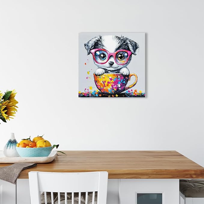 Ypxzzj Graffiti Cute Puppy in a Teacup Canvas Wall Art, Animal Dog Picture Prints Wall Art, Cute Animal Poster Dog with Glasses Wall Art for Livingroom Bedroom Home Decor Framed Ready to Hang