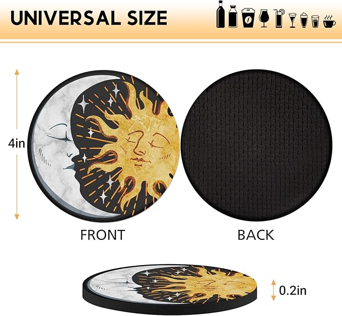 Swooflia Coasters for Drinks Coffee Table, Sun Moon Vintage Black Silicone Absorbent Cup Coaster Set Housewarming Kitchen Home Wooden Desk Office Bar Tabletop Decor 6 Pack