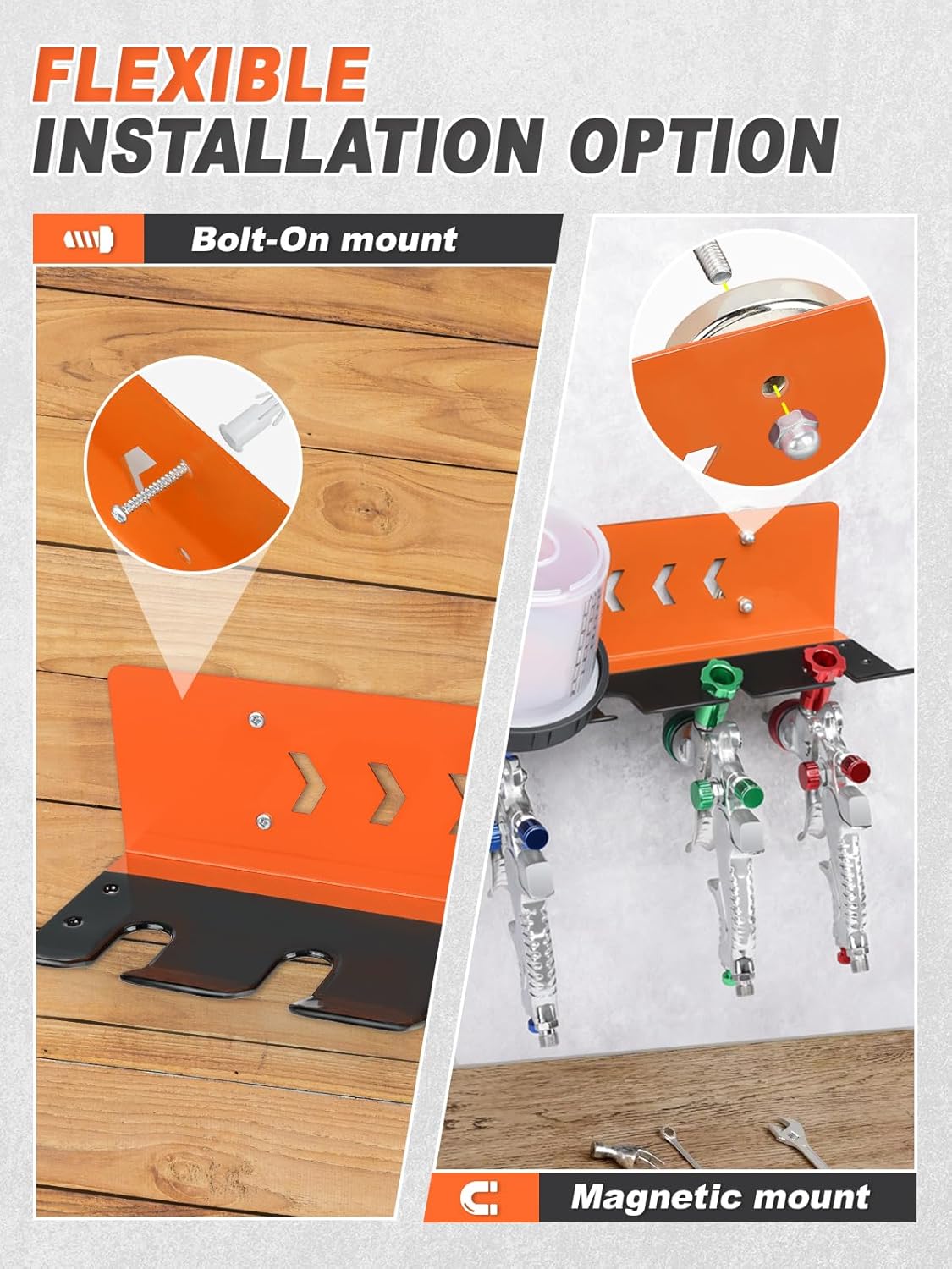 Paint Spray Gun Rack for Magnetic or Wall Mount, Holds 7 Gravity Feed Guns or 4 with Cups, Heavy-Duty Steel Paint Organizer with S-Hooks for Garage, Body Shop or Workshop, Orange