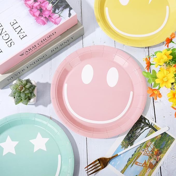 Whaline Pastel Smile Paper Plates 4 Designs Disposable Plates 9 Inch Dinner Dessert Plates for Birthday Wedding Party Supplies Table Decor, 40Pcs