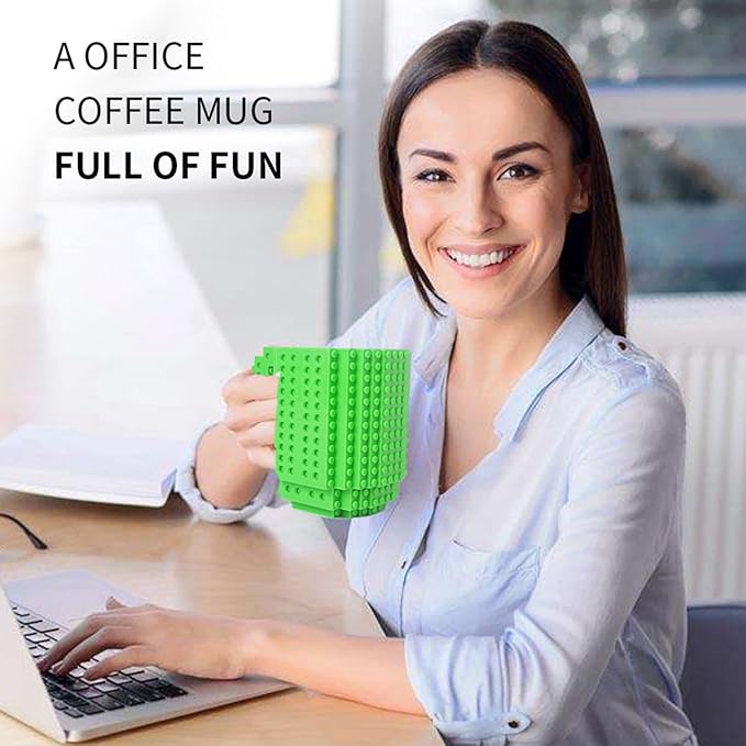 Build-on Brick Coffee Mug, Funny DIY Novelty Cup with Building Blocks Creative for Kids Men Women Xmas Birthday (Green)