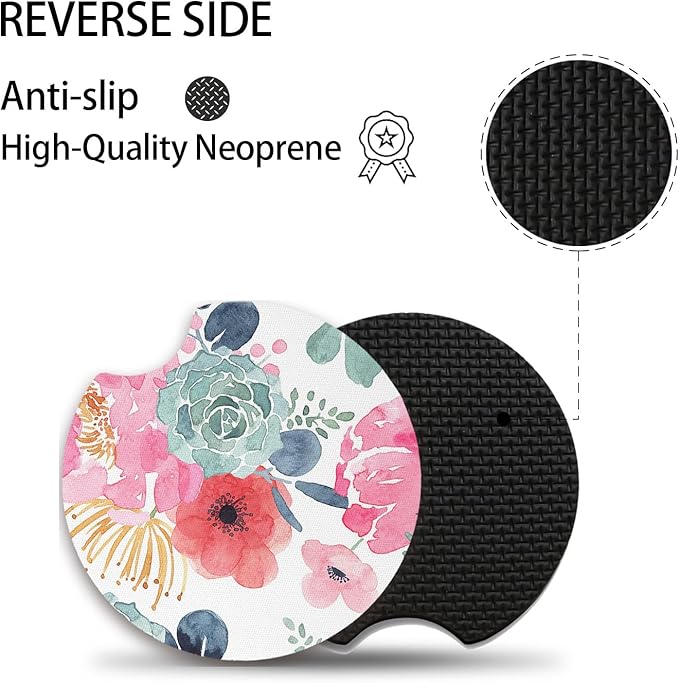 Watercolor Floral Car Coaster for Cup Holders,Car Accessories for Women,2pcs 2.75inch Universal Anti Slip Car Assecories,Car Cup Holder with A Finger Notch