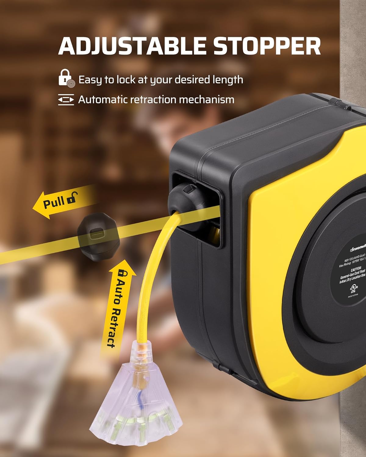 DEWENWILS Retractable Extension Cord Reel, 75 FT Heavy Duty Power Cord, 14/3C SJTOW Retractable Cord Reel, Lighted Triple Outlets, 10A Circuit Breaker, Wall/Ceiling Mount, UL Listed, Yellow