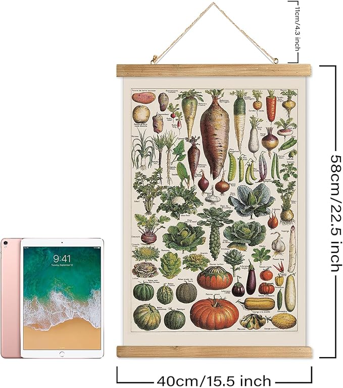 XIAOAIKA Vintage Vegetable Varieties Poster - Illustrated Garden Produce Chart with Wooden Frame - Educational Kitchen Wall Decor Art for Home Chefs and Gardeners 16 x 23 inches