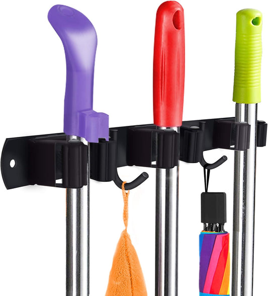 Huryfox Heavy-Duty Stainless Steel Broom Holder, Black, Wall Mount, 1-4 cm Diameter Compatible, Adjustable, 3 Racks, 2 Hooks, Space-Saving