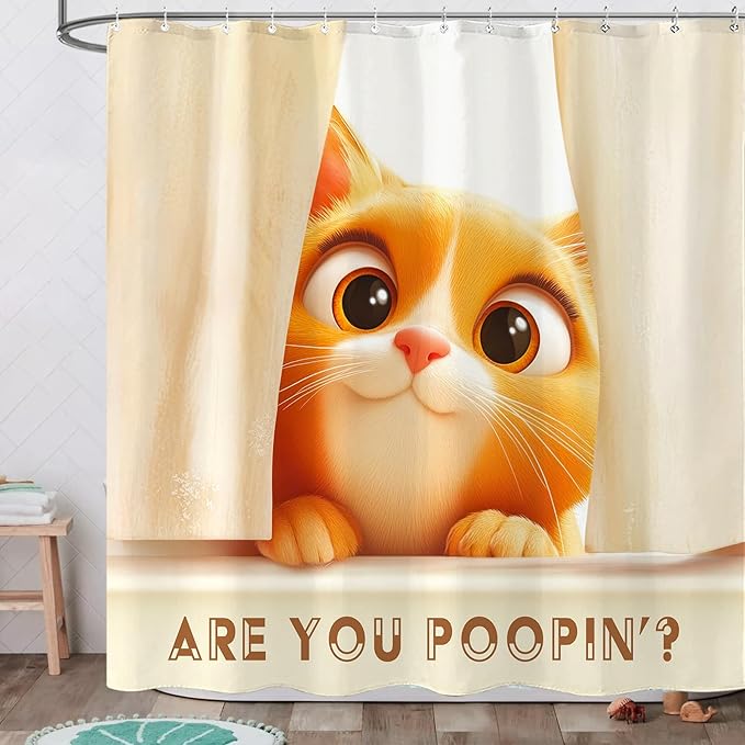 Yeoiat are You Pooping Shower Curtain Funny Shower Curtain Cute Shower Curtains for Bathroom Fun Shower Curtain Set with 12 Hooks Cat-04 72×72 Inches