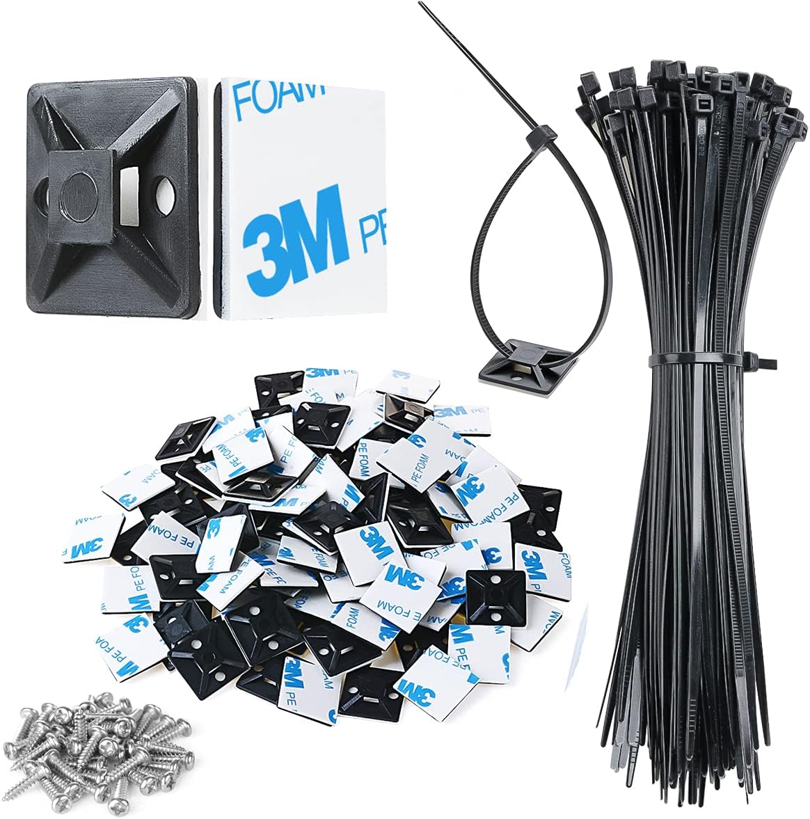 200pcs 3/4" 3M Back-Glue Self Adhesive Black Strong Cable Zip Tie Mounts with 8" Ties, Screws, UV Protection Outdoor Sticky Wire Fasteners Cable Clips Management Anchors Organizer Holders Squares