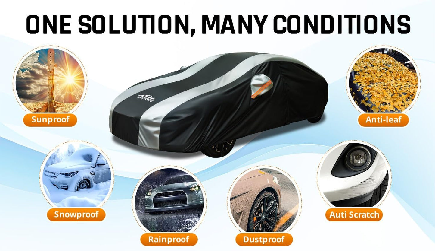 Car Cover Waterproof All Weather Protection with Silver Stripe Design,Outdoor Car Cover Universal Fit Lincoln MKZ, Chrysler 300, Tesla Model S, Cadillac CTS CT5, Dodge Challenger Charger