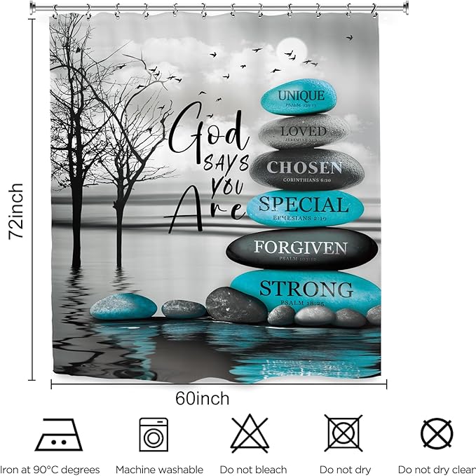 Teal Zen Spa Shower Curtain 60Wx72L Inch Quotes Meditation Inspirational Motivational Bible Positive Bathroom Set Accessories Decor with 12 Pack Hooks