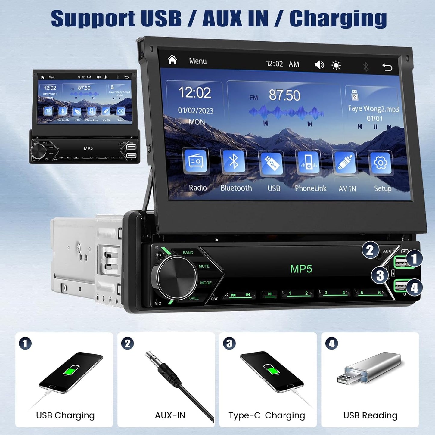 Single Din Touchscreen Car Stereo with Wireless Carplay&Android Auto,7 Inch Car Radio Flip Out MP5 Play with BT FM Radio EQ Mirror Link Car Audio with USB/TF/AUX-in SWC+Backup Camera+Microphone