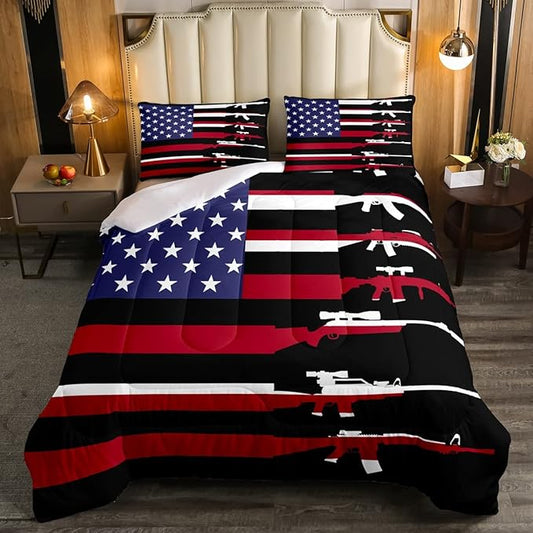 American Flag Comforter Set Full,Army Guns Military Bedding Set for Kids Boys Teens Man,Red Blue Stars Stripe USA Flag Bedding Comforter Soldier Rifle Quilt Duvet Set 2 Pillow Cases Bedroom Decor