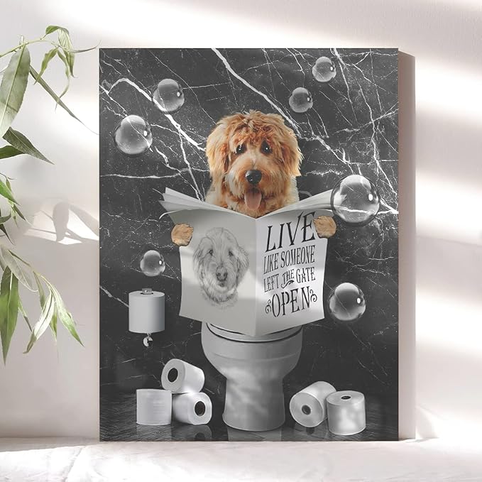 Bathroom Decor Canvas Wall Art Funny Dog Sitting in Toilet Pictures Black and White Animals Wall Decor Farmhouse Bathroom Painting for Bathroom Toilet Artwork Framed 12"x16"