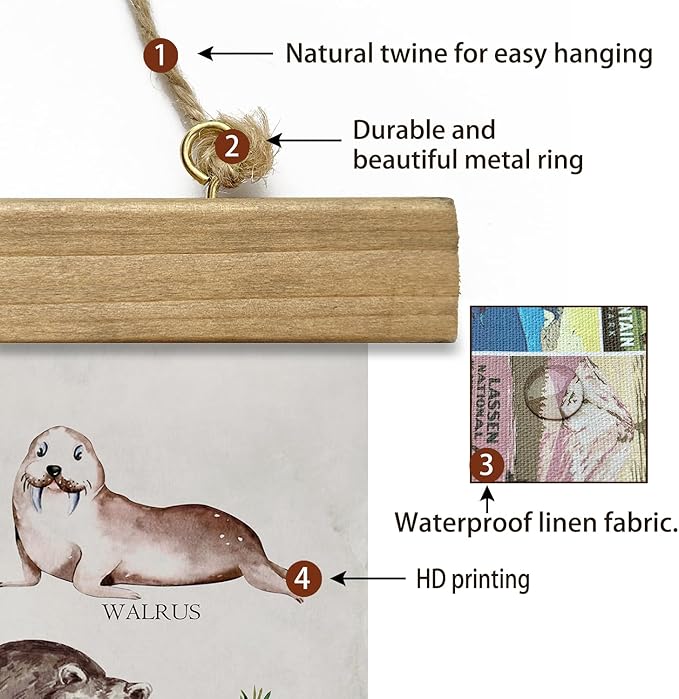 XIAOAIKA Winter Wildlife Educational Poster - Illustrated Arctic Animals Chart with Wooden Frame - Seasonal Nature Wall Art for Classroom, Home, or Nature Center 12 x 16 Inches
