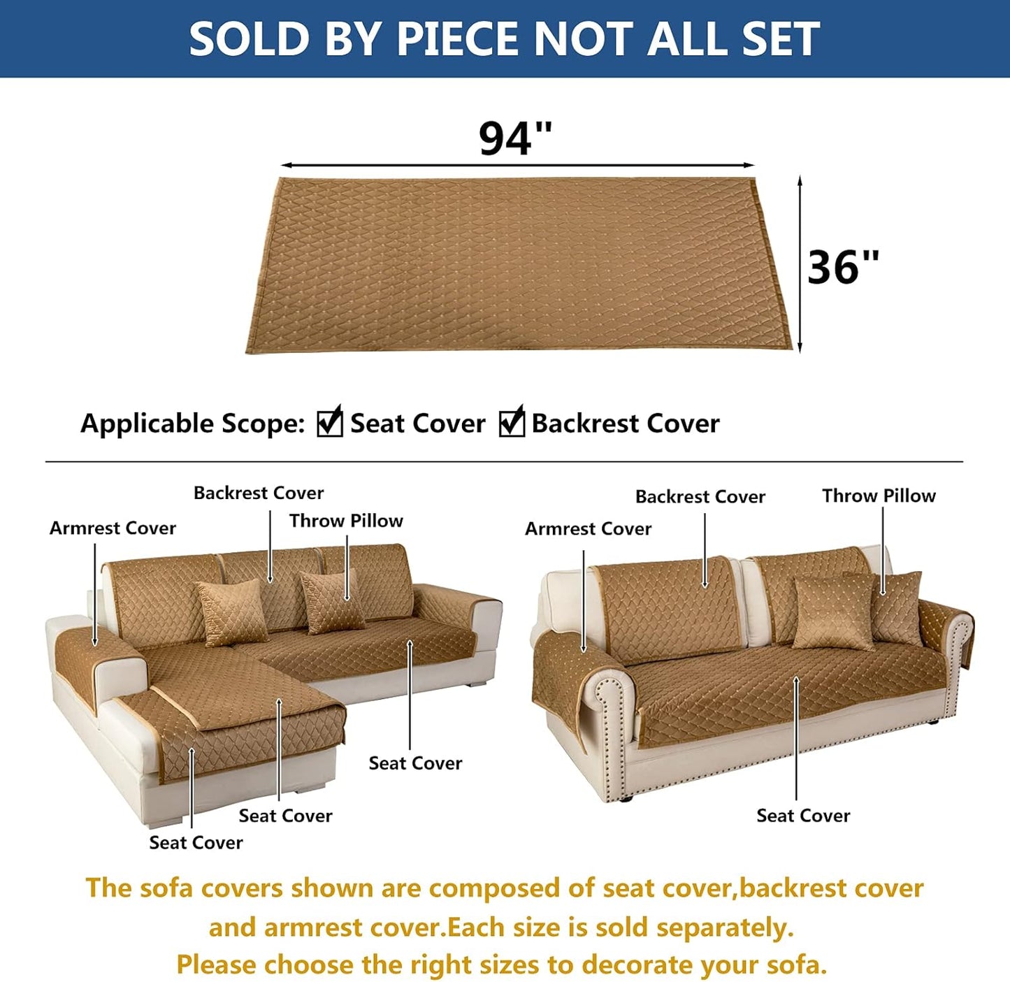 Eismodra Couch Cover,Sectional Couch Covers,Sofa Covers for 3 Cushion Couch,Anti-Slip Sofa Slipcovers for Dogs Cats Kids Loveseat Recliner L Shaped Armrest Backrest,Coffee 36''x94''(Only 1 Piece)