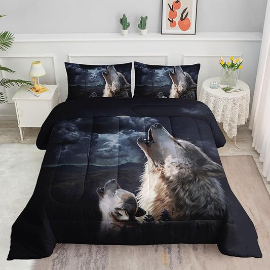 Storm Wolf Kids Comforter Bedding Set for Boys Girls,Watercolor Wolf Dark Clouds Wild Animal Comforter with 2 Pillowcases(Storm Wolf Full)
