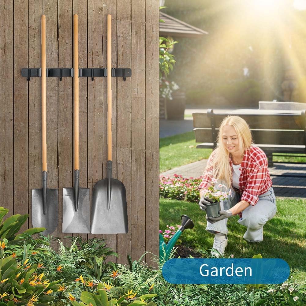 2 Pack Broom Hanger and Mop Holder, Heavy Duty Garden Tool Organizer Rack Rake and Shovel Handle, Stainless Steel Wall Mounted Utility Rack with Screws (3 Racks with 4 Hooks, Matte Black).