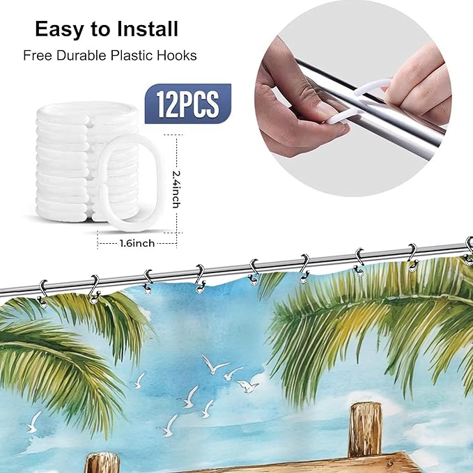 Yookeb Tropical Beach Palm Tree Bathroom Shower Curtain 60W by 71H Inch Coastal Nautical Ocean Quotes Motivational Summer Scenery Inspirational Polyester Fabric 12 Plastic Hooks Waterproof Decor
