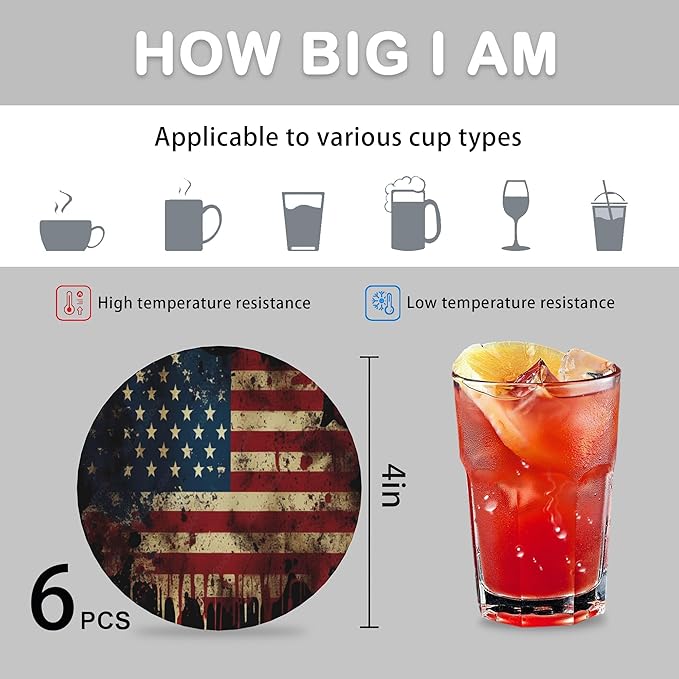 Vintage American Flag Set of 6 Coasters for Drinks Absorbing Round Ceramic Stone Coaster with Cork Base,Tabletop Protection Mat for Mugs and Cups,Office,Kitchen