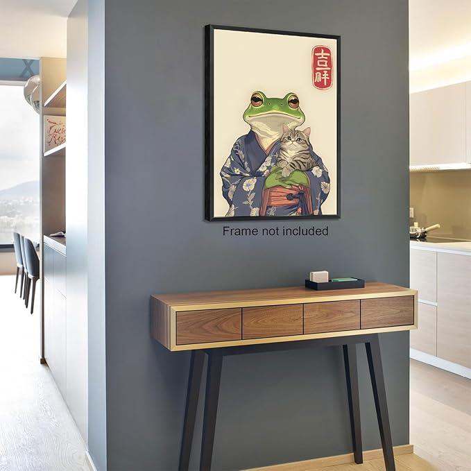Vintage Japanese Frog & Cat Poster,Funny Anime-Inspired Kimono Frog Wall Art,Aesthetic Japanese Home Décor,Cute Print for Bedroom, Living Room Or Bathroom 24x36 in Unframed
