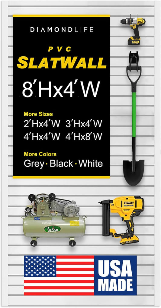 Heavy Duty 8x4 PVC Garage Slatwall Storage System (with Endcaps & Screws) - Modular Slat Wall Paneling for Garage Wall Organization - Interlocking Slatwall Panels for Home & Commercial Use (White)