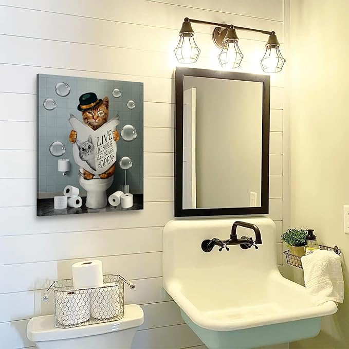 Bathroom Decor Canvas Wall Art Cute Cat Sitting in Toilet Reading Newspaper Pictures Farmhouse Bathroom Animals Wall Decor Painting for Bathroom Toilet Artwork Framed 16"x20"