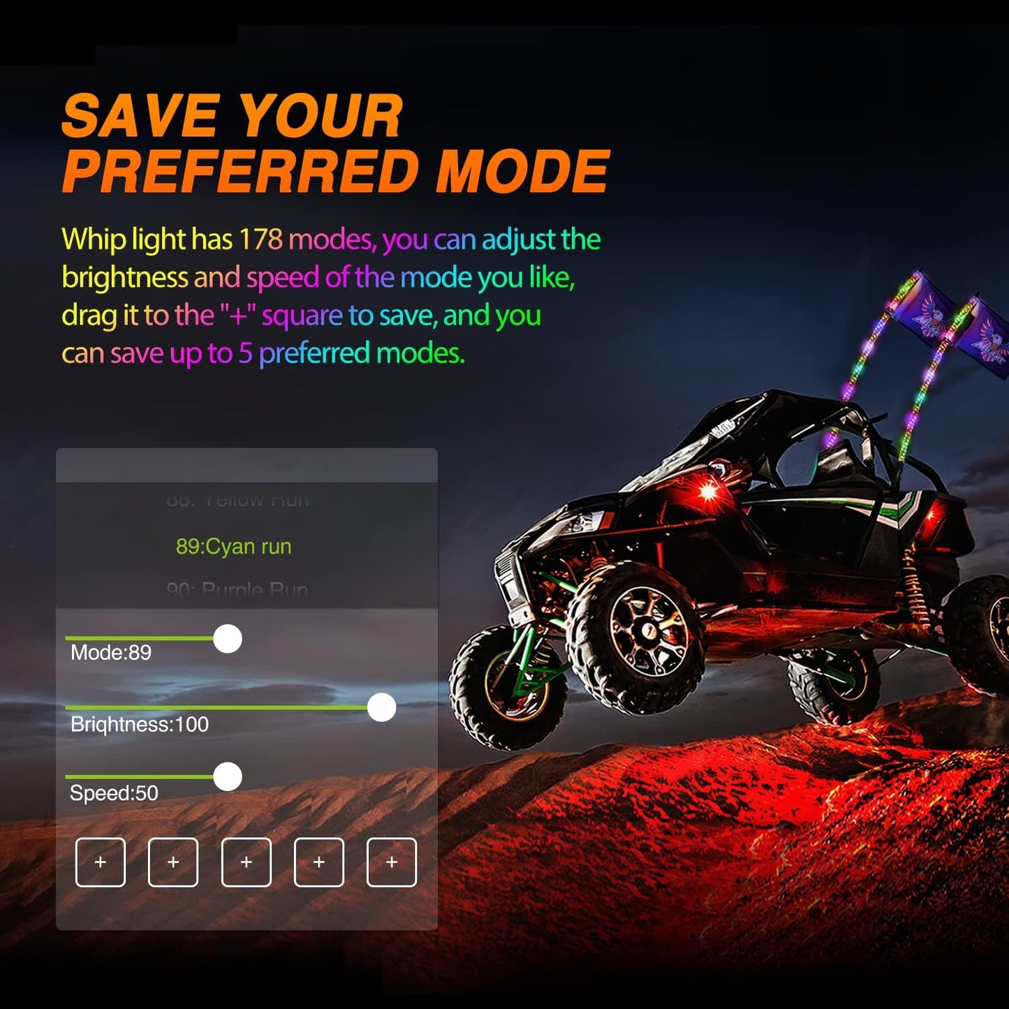 Nilight 2PCS 5FT RGB LED Whip Light with Spring Base Remote App Control w/DIY Chasing Patterns Turn Signal & Brake Lights for ATV UTV Polaris RZR Can-am Dune Buggy Jeep