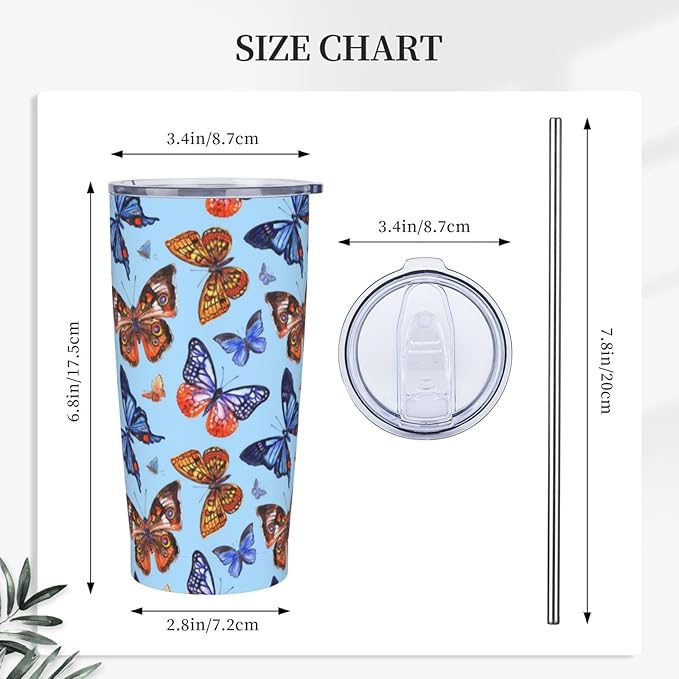 Butterfly Tumbler Blue Butterflies Stainless Steel Insulated Tumblers with Lid Straw Reusable Spring Nature Dream Coffee Travel Mug Tea Water Wine Cups Birthday Gifts for Women 20 Oz