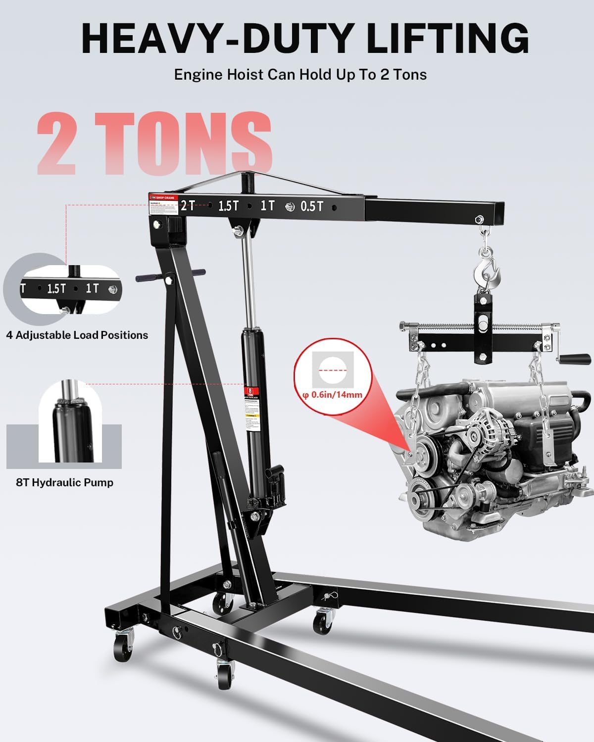 2-Ton Folding Engine Hoist with Lever, Hydraulic Shop Crane with 6 Swivel Wheels & Adjustable Boom (0.5T-2T), Heavy-Duty Cherry Picker for Garage, Workshop, Truck, Farm (Net Wt. 168 lbs)
