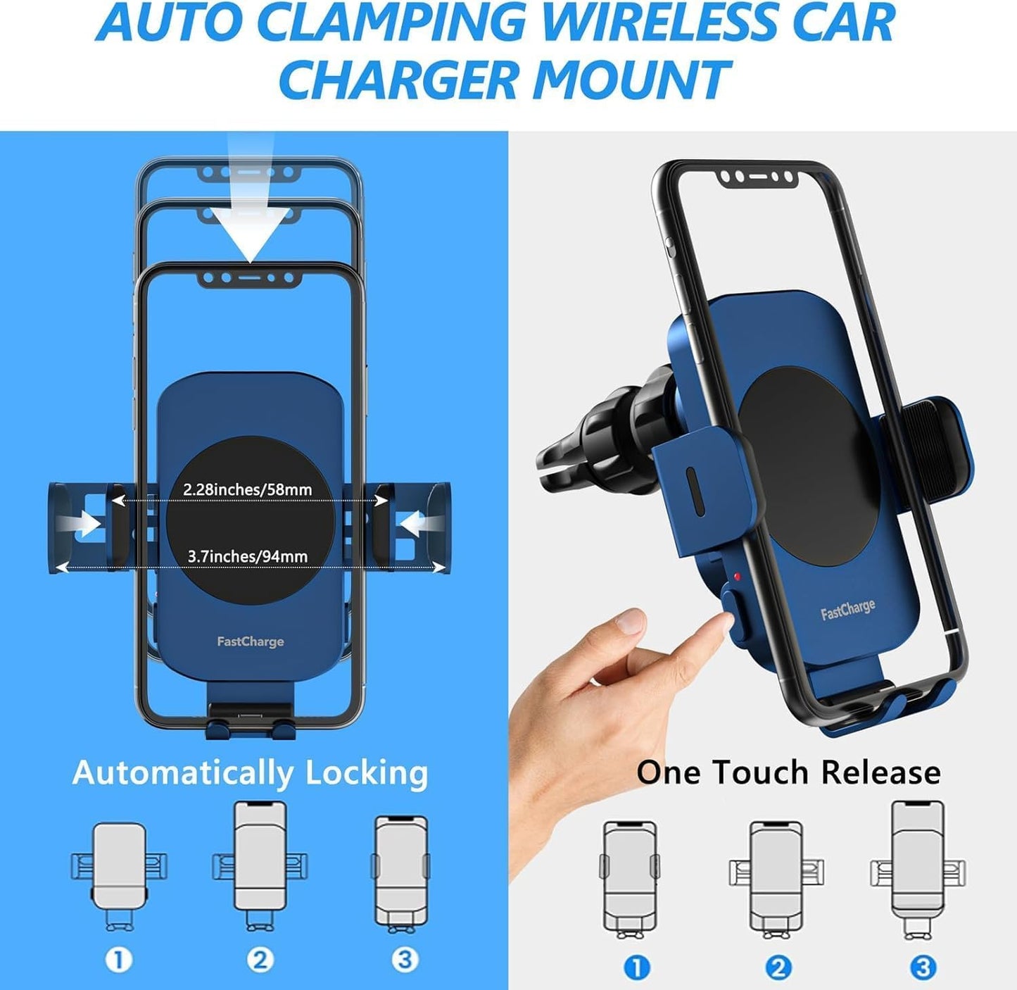 Wireless Car Charger, Fast Charging 15W Auto Clamping Car Charger Phone Holder Phone Mount for iPhone16 15 14 13 12 11 Pro Max Xs, Samsung Galaxy S23 Ultra S22 S21 S20 S10+ Note 9, etc(Blue)