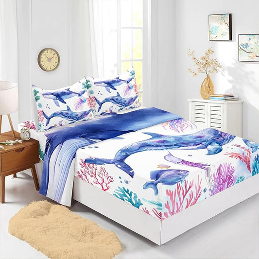 Whale Jellyfish Shark Bedding Dolphin Coral Sheet 4Pcs Queen Fish Starfish Bedspread Set for Kid Teen Girl Boy Clownfish Seaweed Bed Decor with 1 Flat Sheet and 1 Fitted Sheet+2 Pillowcases