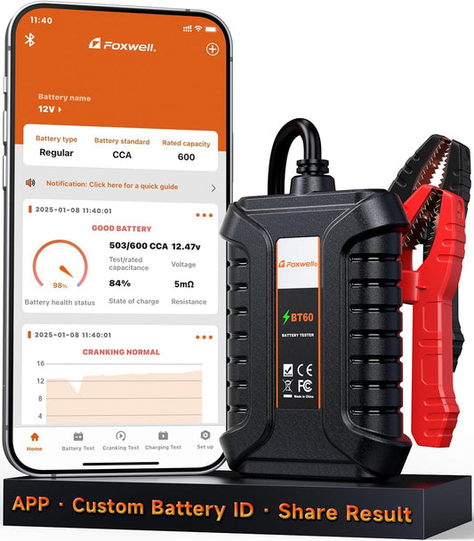 FOXWELL BT60 Car Battery Tester, 12V Bluetooth Battery Load Analyzer via App, 100-2000CCA Automotive Alternator Tester, Cranking Charging System Checker for Car Marine RV Motorcycle Truck ATV