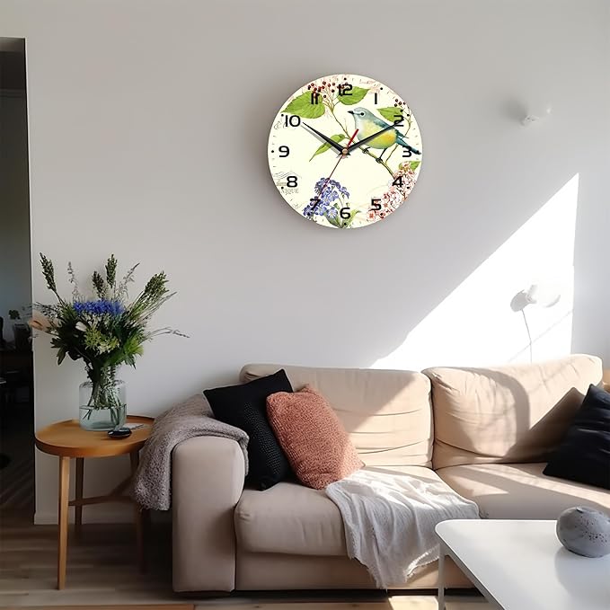 Wall Clock, 10 Inch Silent Non-Ticking Home Kitchen Decor, Battery Operated for Bathroom Bedroom Living Room Office(Vintage Watercolor Bird Flower)