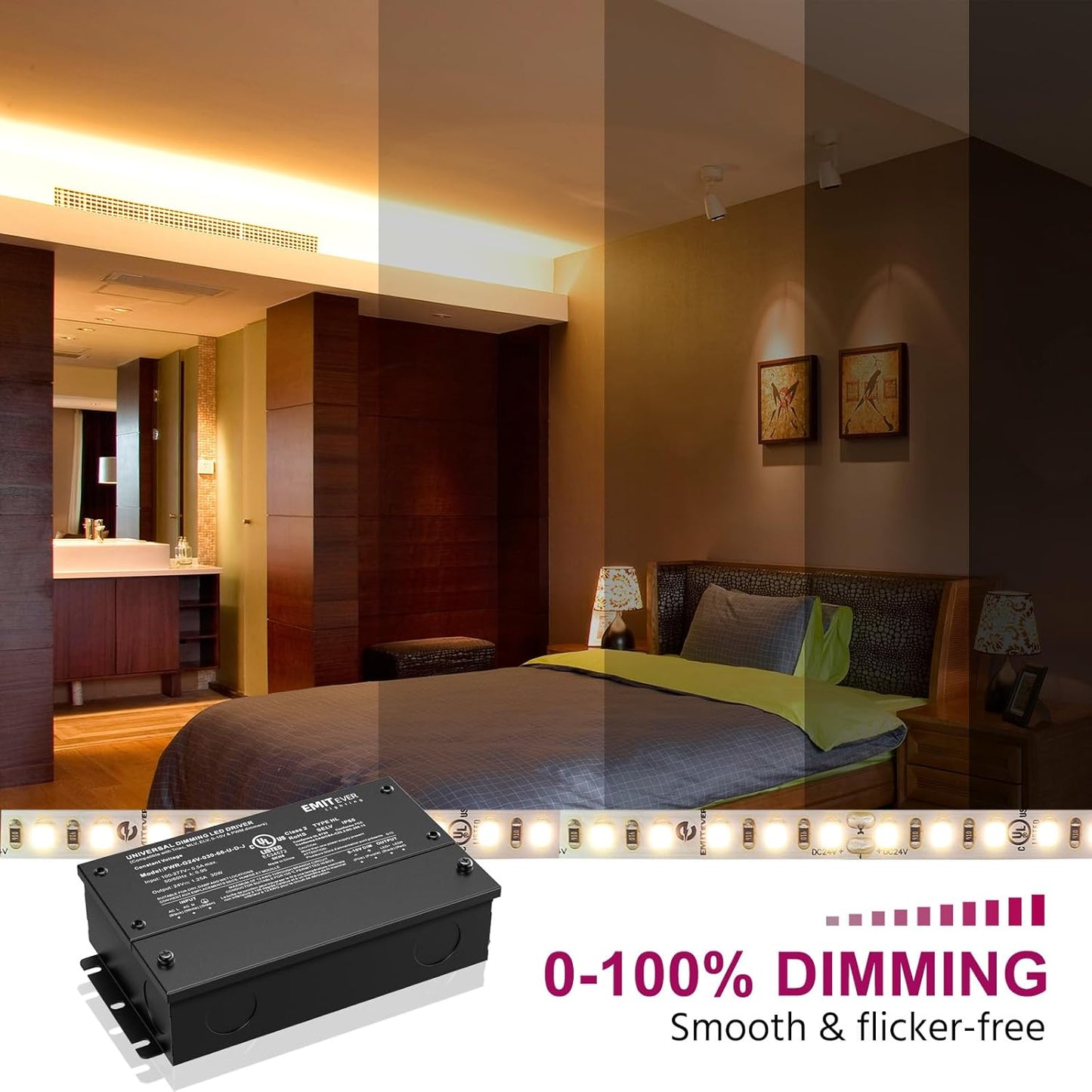 EMITEVER 30W Dimmable LED Driver, 24V Triac Dimmable Power Supply, AC to DC Transformer for LED Light, Compatible with Lutron and Leviton Dimmer, Waterproof IP67 and UL Listed, Class 2