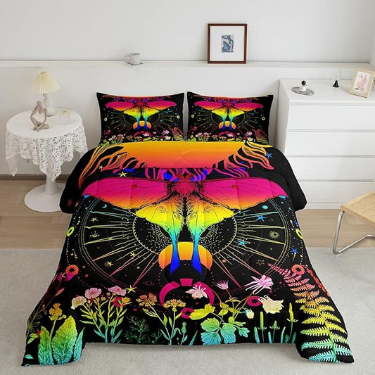 Sun and Moon Comforter Set Queen Rainbow Moth Bedding Sets Hippie Psychedelic Floral Botanical Comforter For Girls Teen Women,Trippy Galaxy Stars Planet Quilt Duvet Colorful 2 Pillow cases