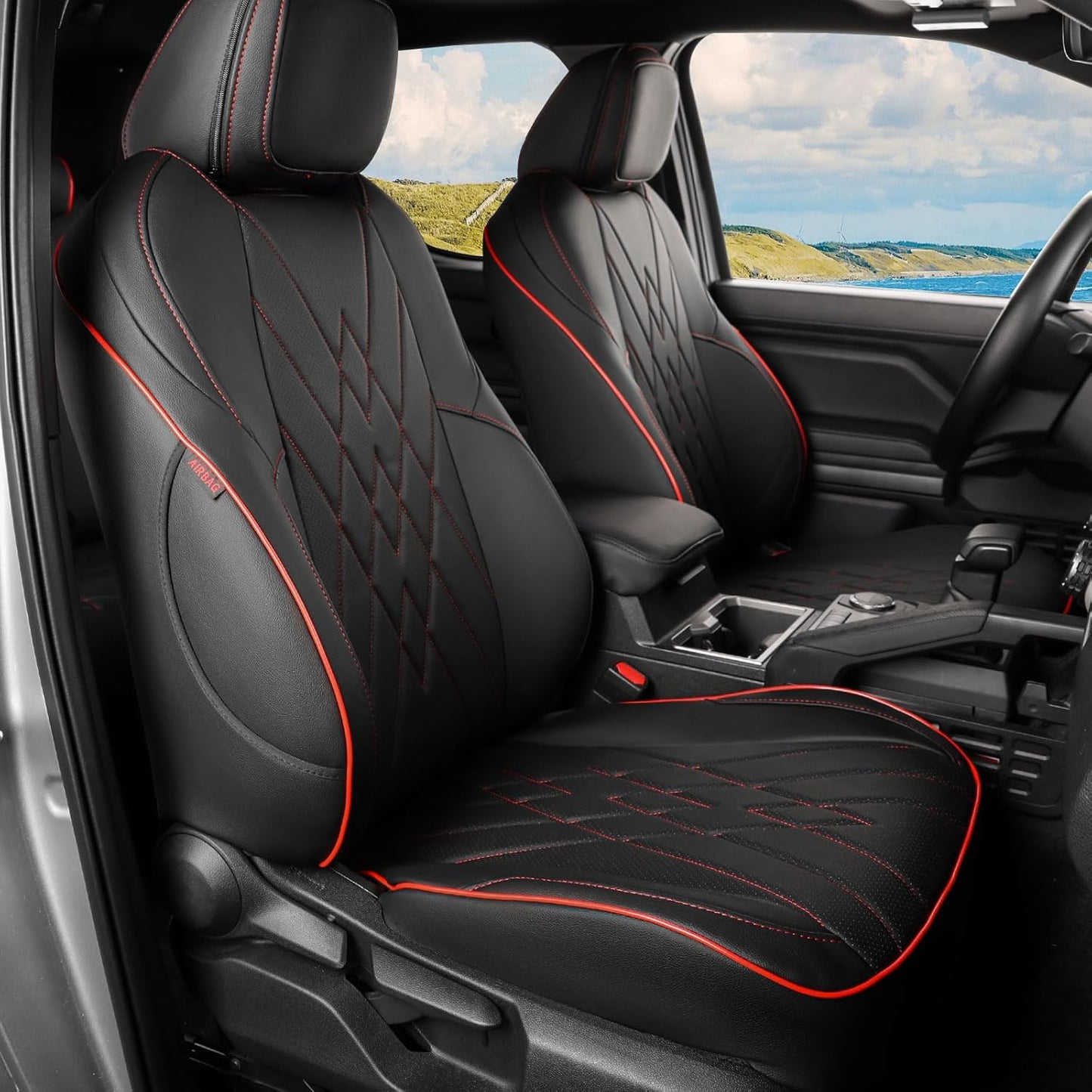 EKR Tacoma Car Seat Covers Custom for Select Toyota Tacoma (Only for Hybrid) 2024 2025 Double cab TRD Sport,TRD Off-Road,Limited,Trailhunter - Full Set,Leather(Black with Red Trim)