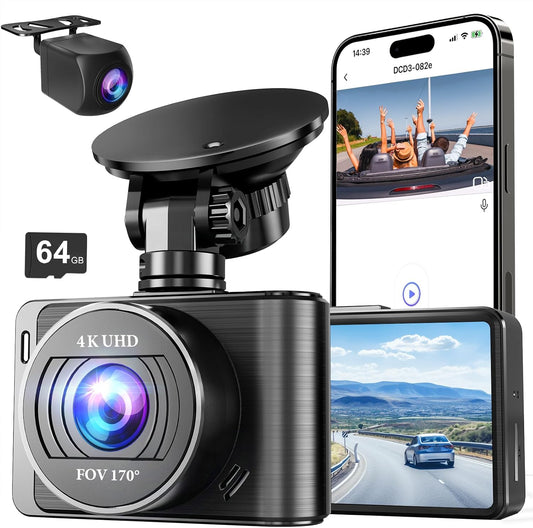 Dash Camera, 4K/1080p Dash Camera Front and Rear, Built-in 5GWiFi, Dash Cam with 64GB SD Card, Full HD 2.0” IPS Screen, for App Control, G-Sensor, Loop Recording, and Parking Mode