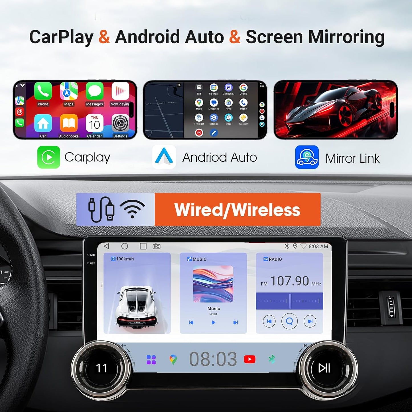 10.1" Wireless CarPlay & Android Auto Car Stereo - 2GB RAM 64GB ROM, DSP Sound, 1080P Backup Camera, Bluetooth 5.0, HD Touchscreen Media Receiver