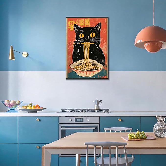 Vintage Cute Black Cat Eats Lamian Noodles Poster Prints Lamian Noodles Canvas Wall Art Cute Black Cat For Home Bedroom Kitchen Dorm Wall Decor 24x36in Black Frame